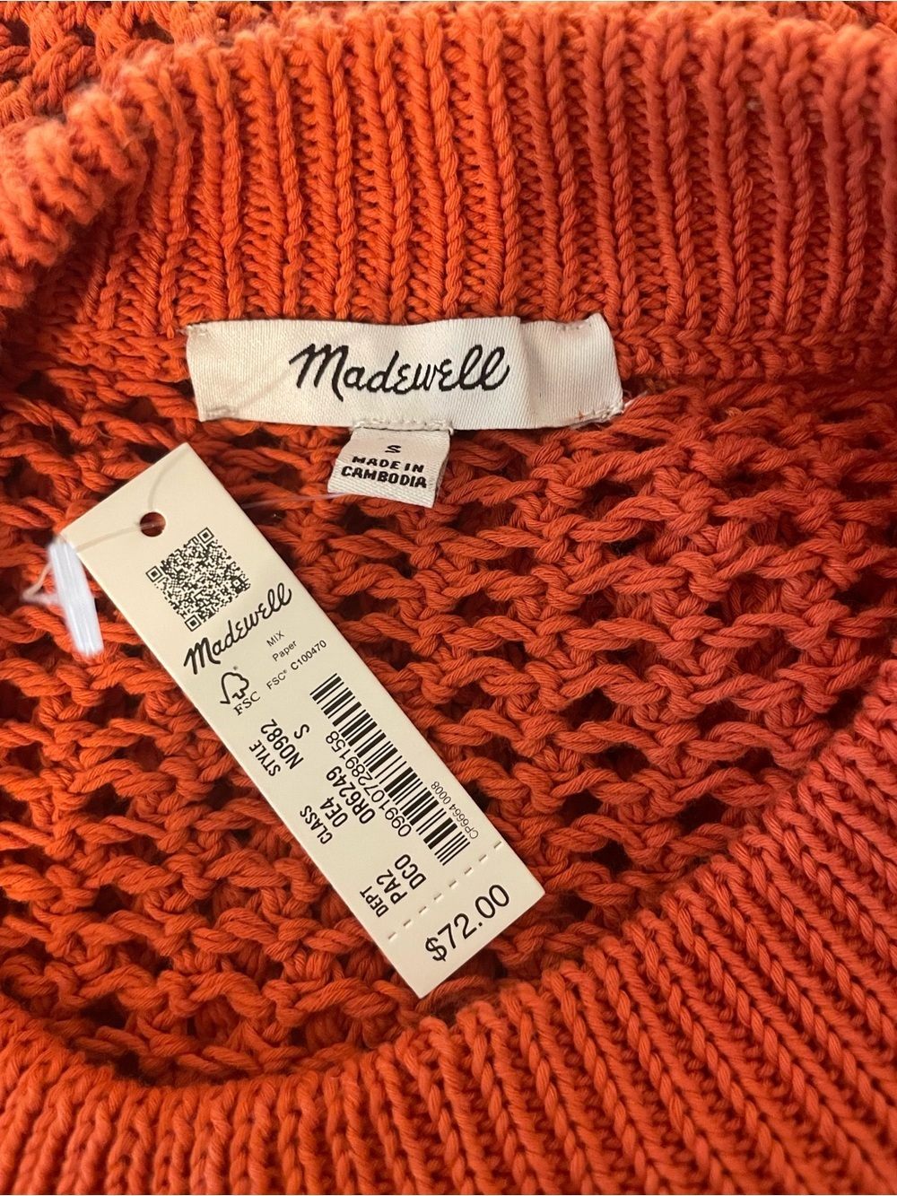 NWT Madewell Open-Knit Short Sleeve Sweater Orange Small 100% Cotton - Picture 5 of 6